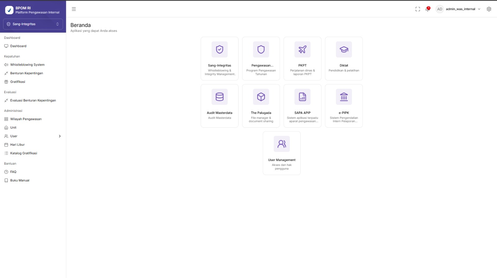 Dashboard Platform Pengawasan Internal BPOM dengan layanan terpadu