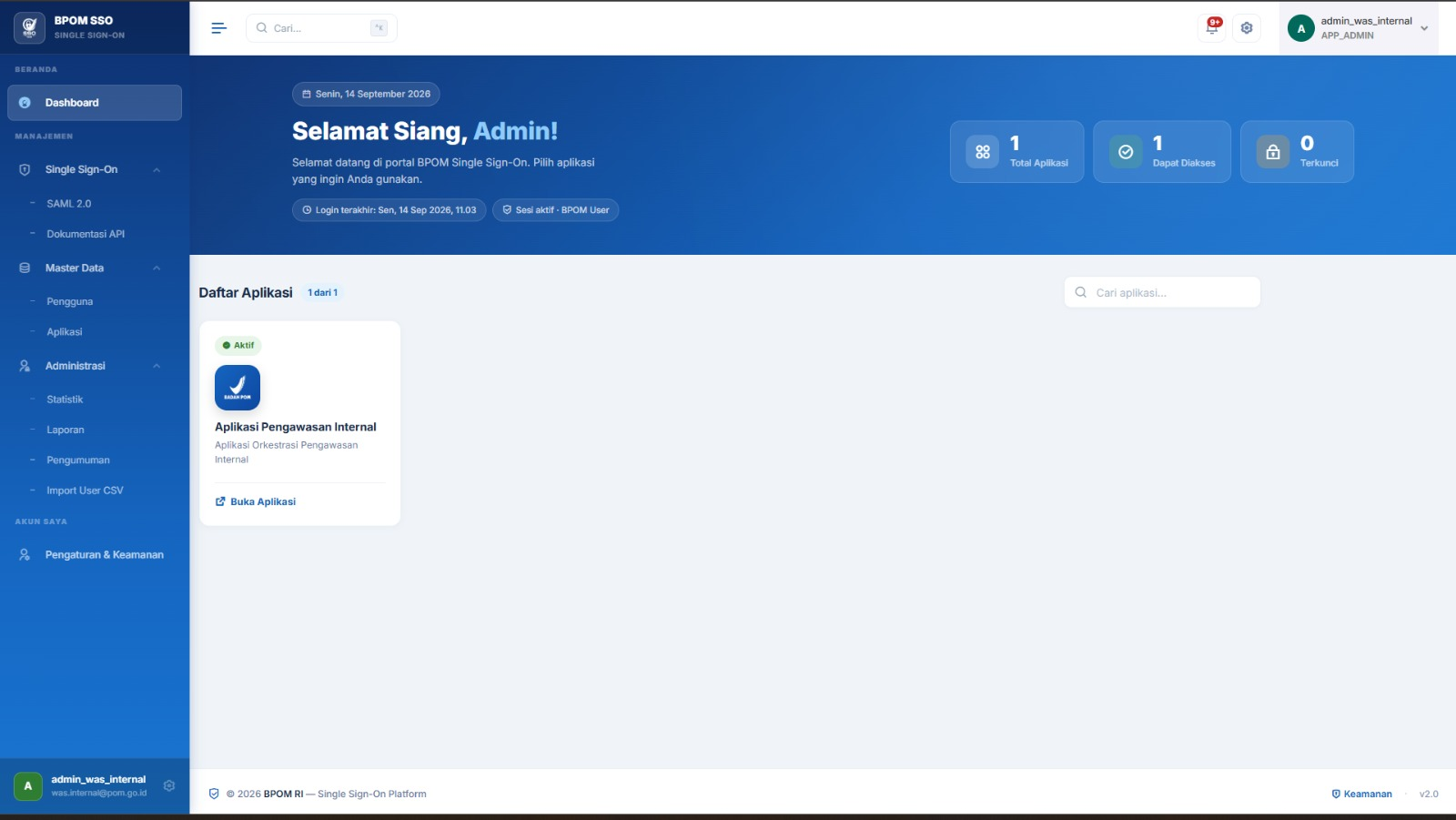 Dashboard BPOM Single Sign-On