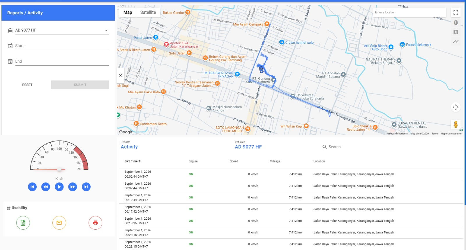 Tampilan rekam aktivitas dan rute kendaraan pada Fleet Management
